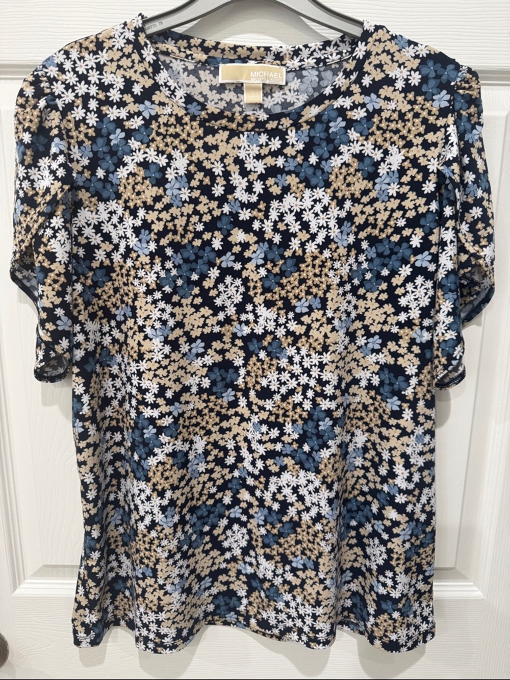Michael Kors Navy Floral Short Sleeve Tee with Beige & White Accents